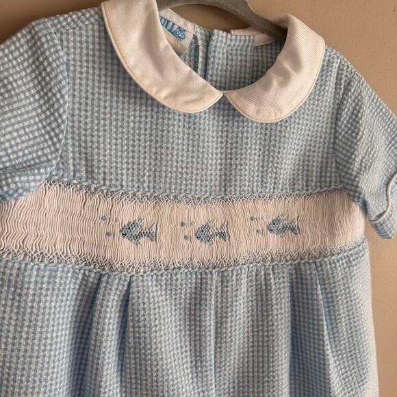 Luli & Me Smocked Fish Embroidered Romper Blue White Seersucker Baby Boy 24M - Picture 3 of 5
